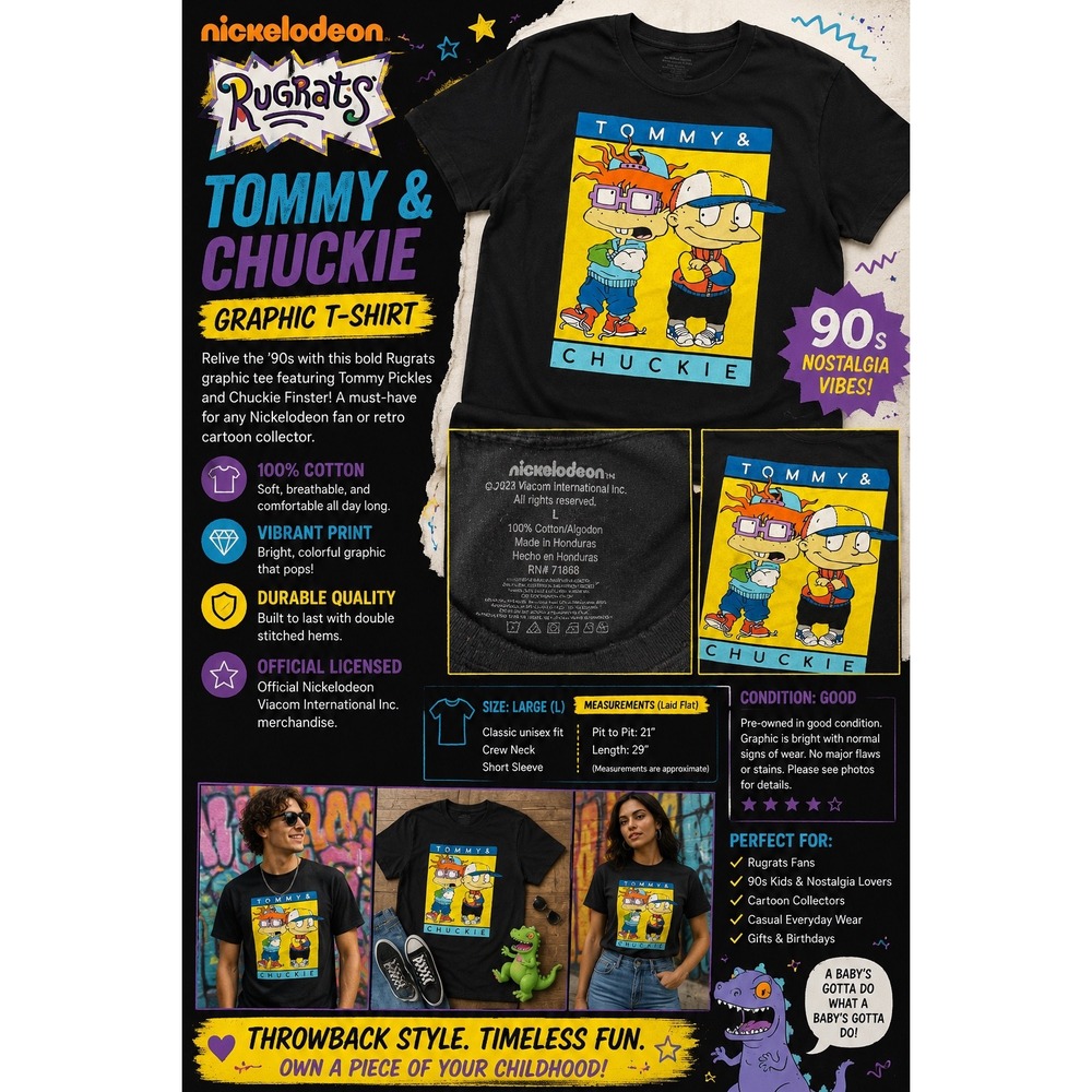 Nickelodeon Rugrats Tommy & Chuckie T-Shirt Black Men's Large 100% Cotton